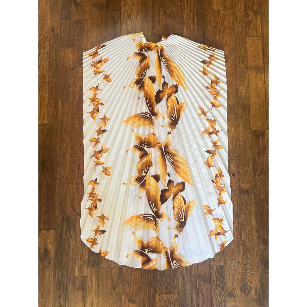 VTG Accordion Pleated Hawaiian Kaftan Dress Orange & Brown Butterflies on White
